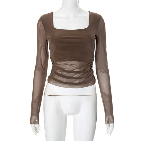 Damen Langarmoberteil mit gerafftem Design und elegantem Quadrat-Ausschnitt EB