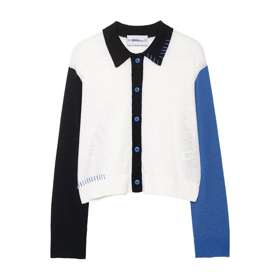 Damen modische Strickjacke mit farblich abgesetzten Ärmeln und Knopfverschluss EB