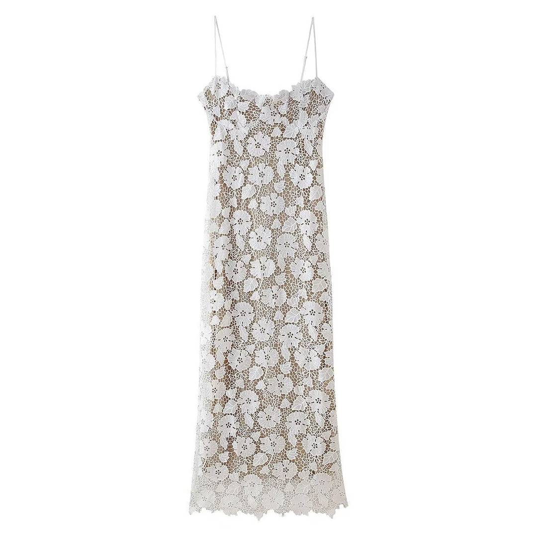 Damen Spitzenkleid mit zarten Spaghettiträgern und floralem Design EB
