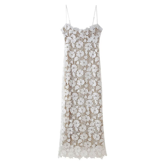 Damen Spitzenkleid mit zarten Spaghettiträgern und floralem Design EB
