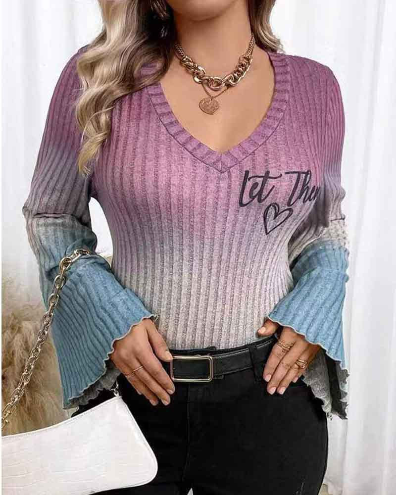 Damen V-Ausschnitt Pullover mit leicht flared Ärmeln und Farbverlauf EB