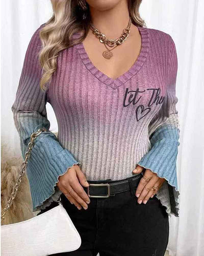 Damen V-Ausschnitt Pullover mit leicht flared Ärmeln und Farbverlauf EB