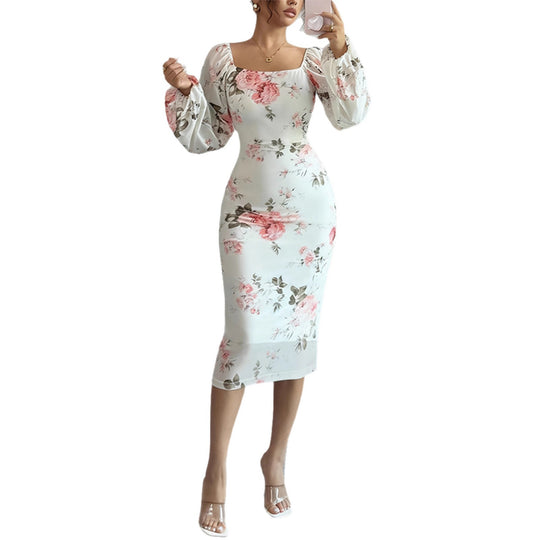 Damen Tailliertes Midikleid mit quadratischem Ausschnitt, Ballonärmeln und floralem Stretchjersey EB