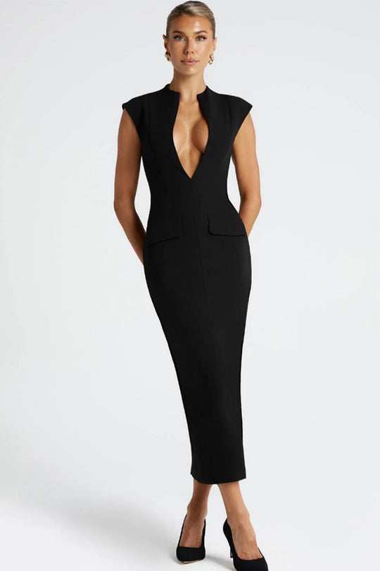 Damen elegantes Figurbetontes Kleid mit tiefem V-Ausschnitt und praktischen Taschen EB