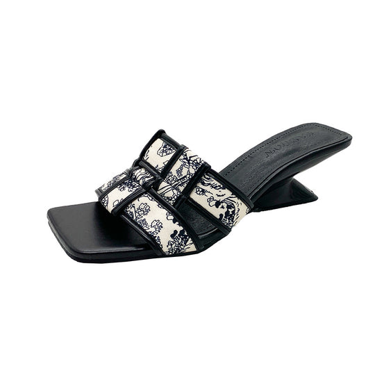 Damen elegante Slingback-Pantoletten mit floralem Druck und breiten Riemen EB