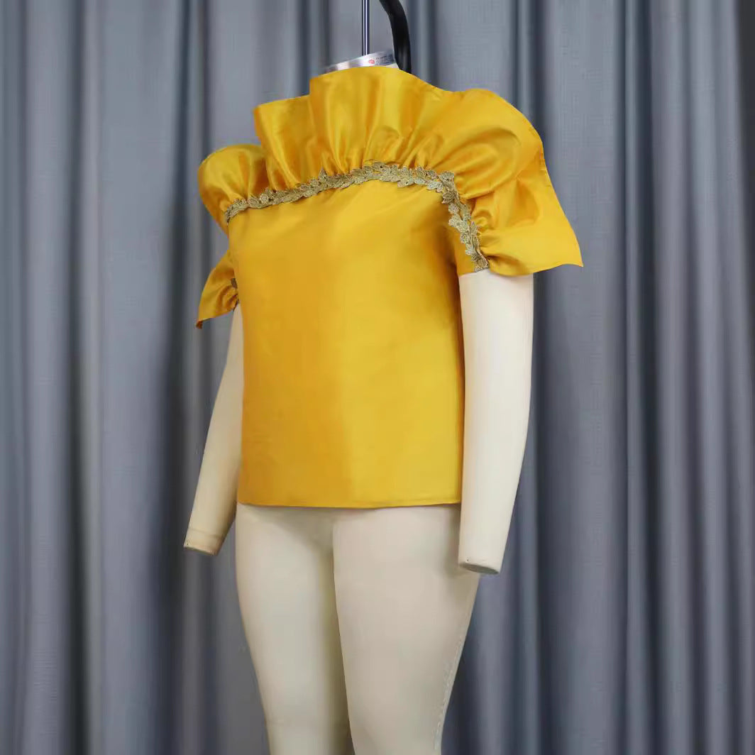 Damen elegantes Blusenshirt mit voluminösen Puffärmeln und dekorativem Spitzenrand EB