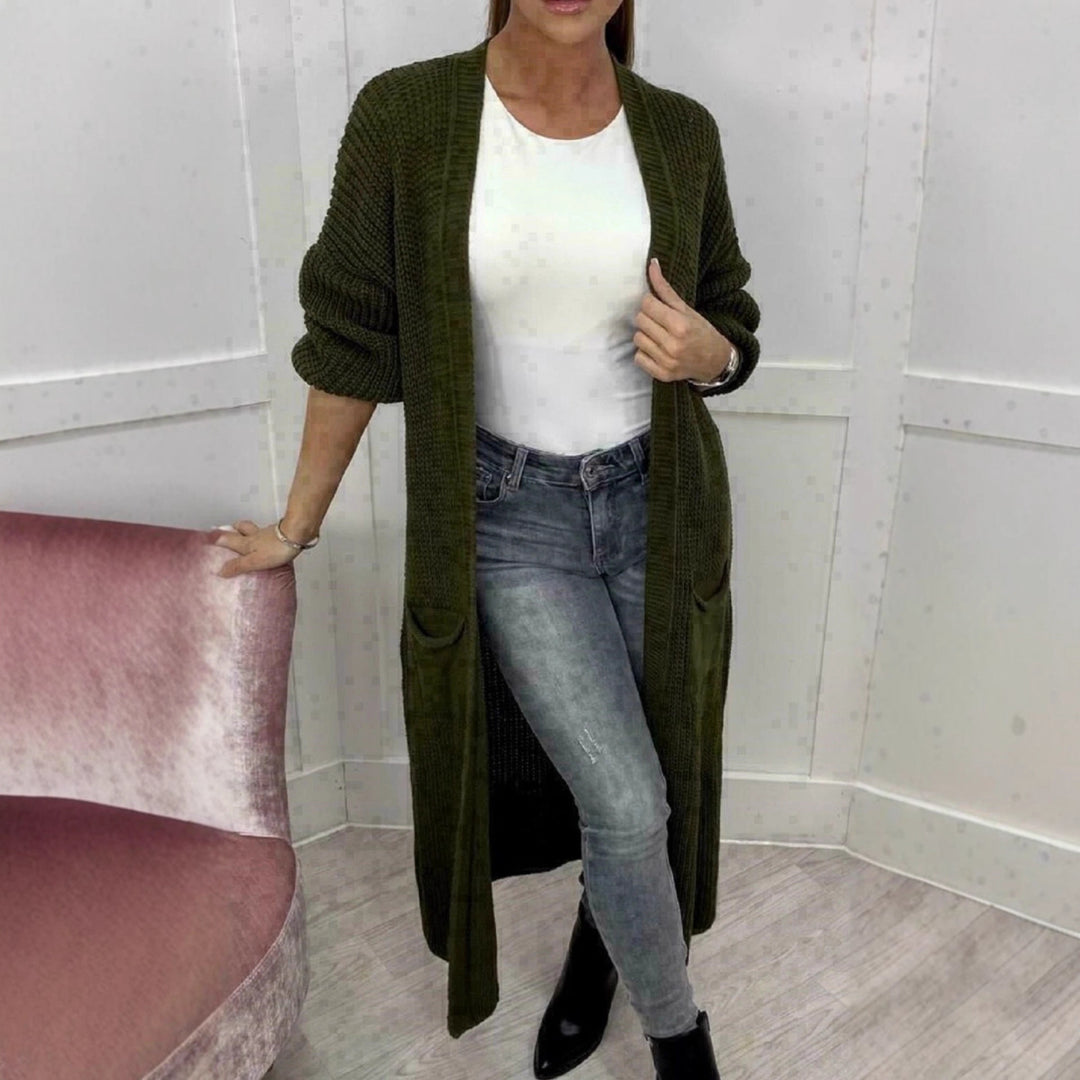 Damen Langer Strickcardigan mit strukturierter Maschenoptik und praktischen Taschen EB