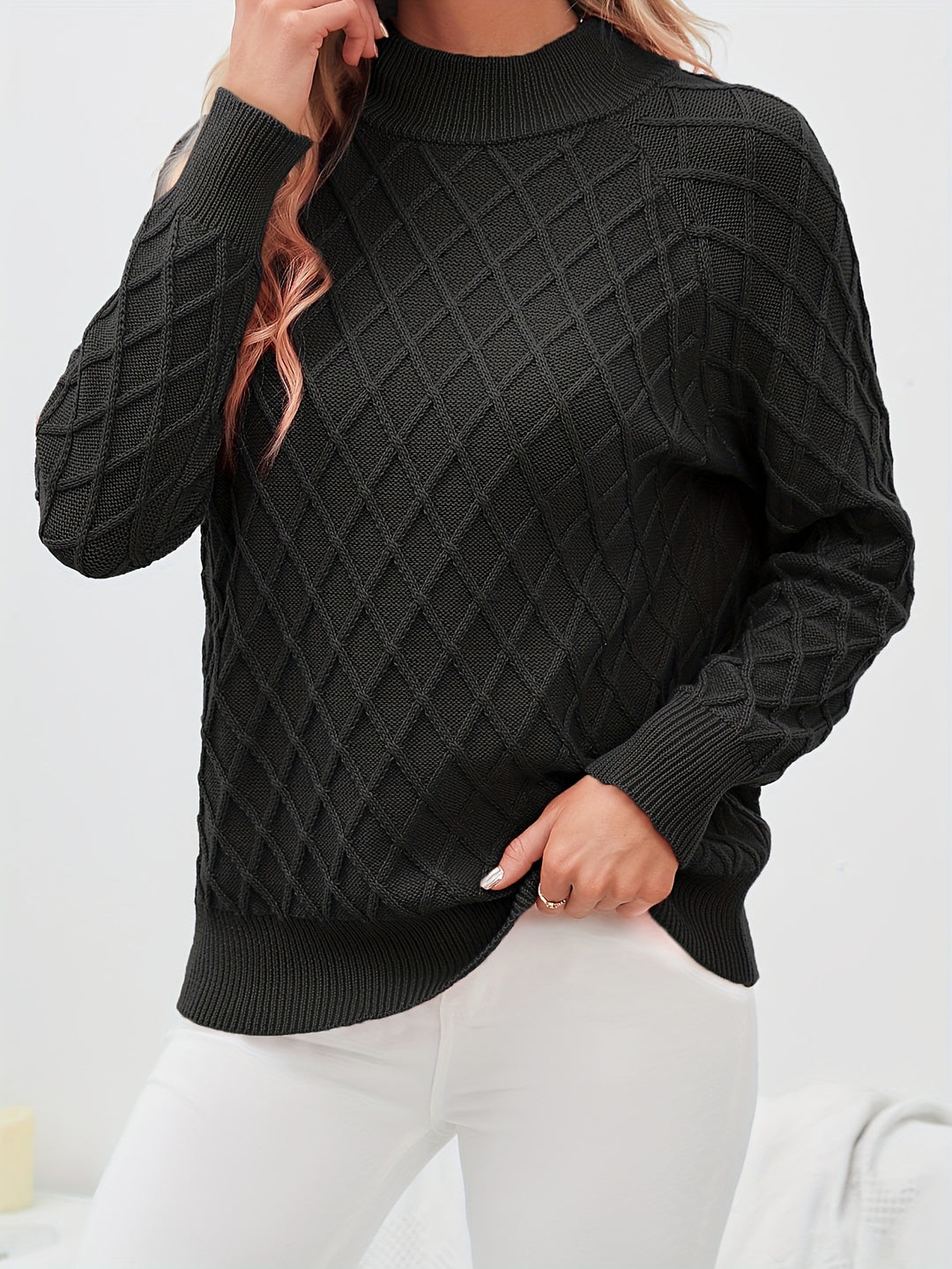 Damen Grobstrickpullover mit Rautenstruktur und Stehkragen EB