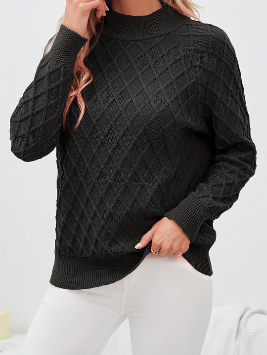 Damen Grobstrickpullover mit Rautenstruktur und Stehkragen EB