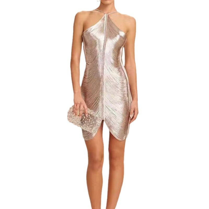 Damen Elegantes Partykleid mit verführerischem Schlitz und goldenen Akzenten EB