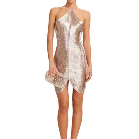 Damen Elegantes Partykleid mit verführerischem Schlitz und goldenen Akzenten EB