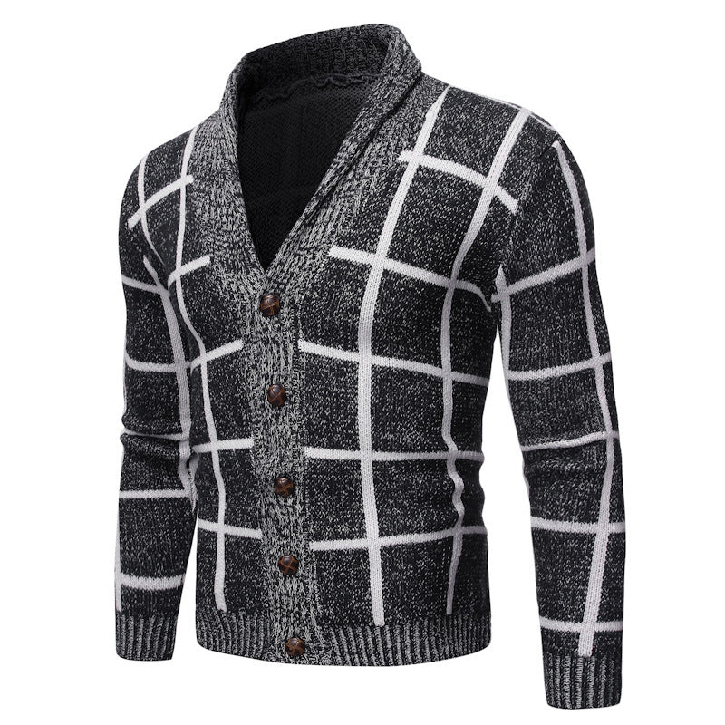 Herren modische Strickjacke mit V-Ausschnitt und modernem Karomuster EB