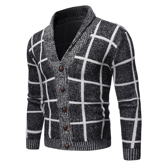 Herren modische Strickjacke mit V-Ausschnitt und modernem Karomuster EB