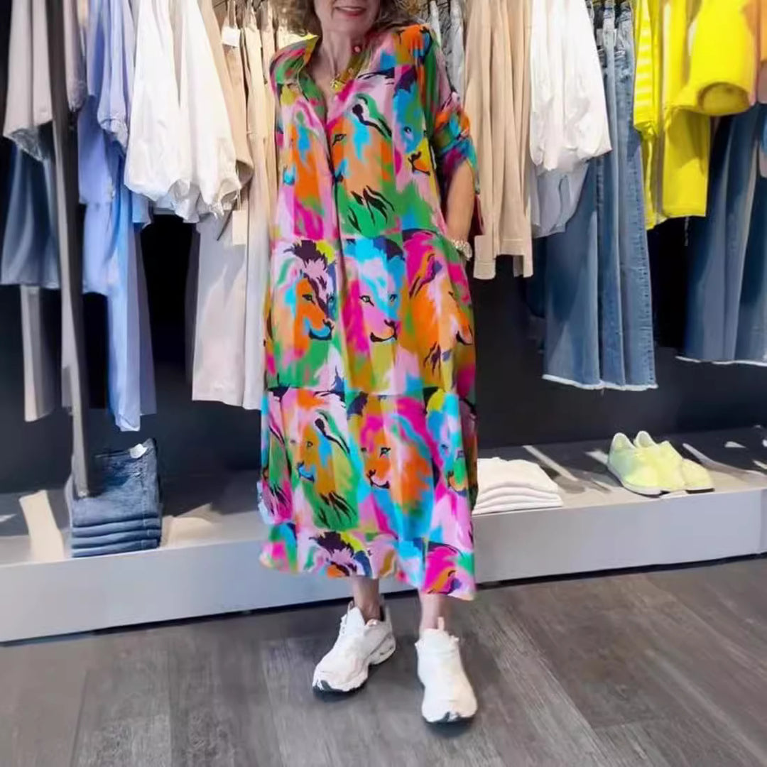 Damen Freizeit Maxikleid mit buntem Löwen-Design und praktischen Taschen Heidi-Mode