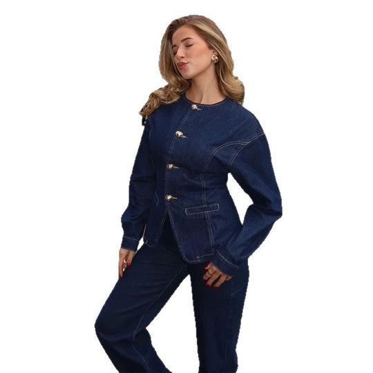 Damen Elegante Jeansjacke mit goldenen Knöpfen und tailliertem Schnitt EB