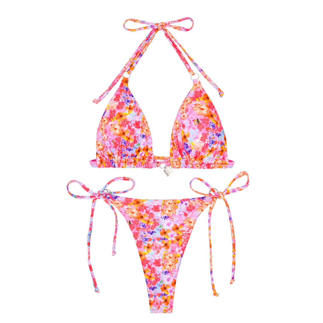 Damen Triangel-Bikini mit verspielten Bindebändern und Blumenmuster EB