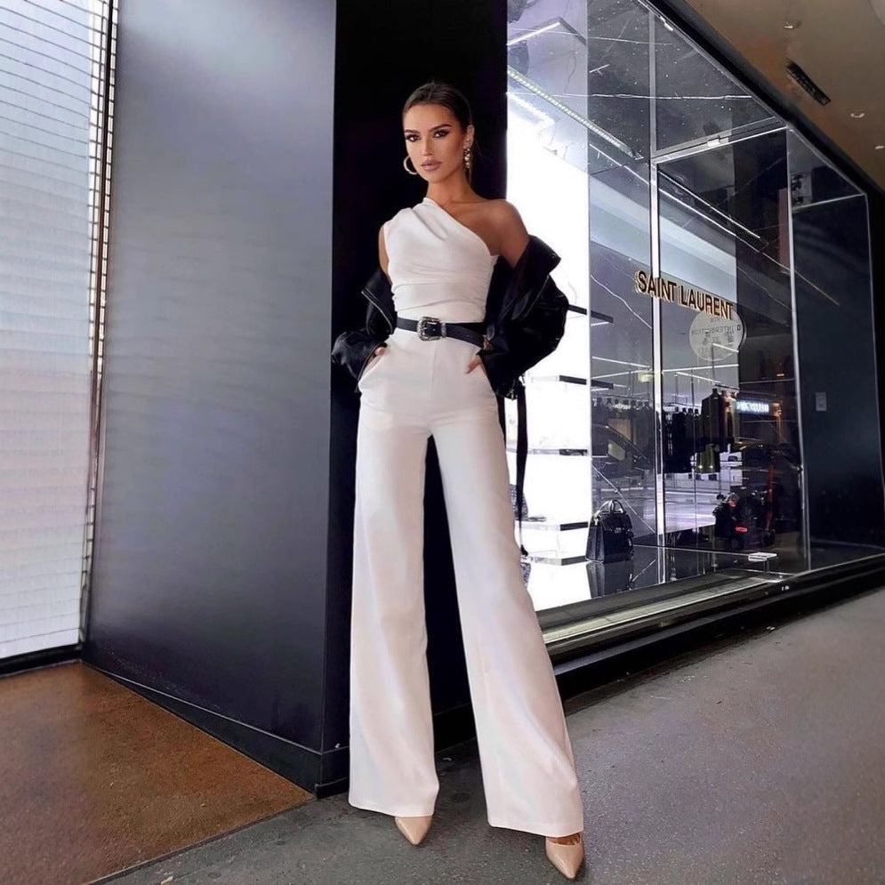 Damen One-Shoulder Jumpsuit mit weitem Bein EB