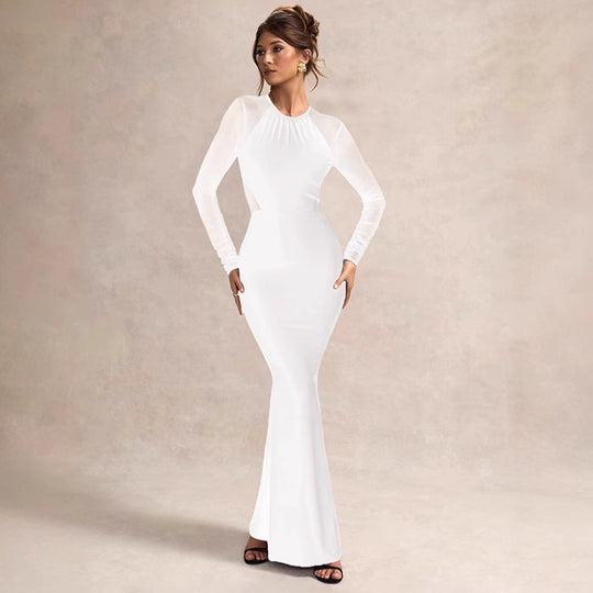 Damen Elegantes Long-Bodycon-Kleid mit transparenten Ärmeln und raffiniertem Schnitt EB