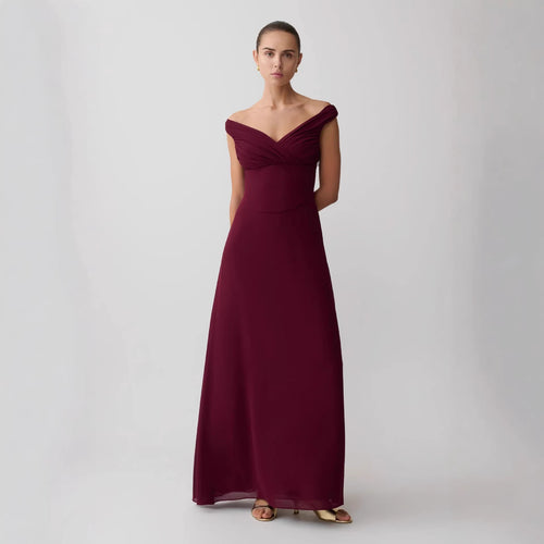 Damen Elegantes Off-Shoulder Maxikleid mit fließendem Schnitt EB