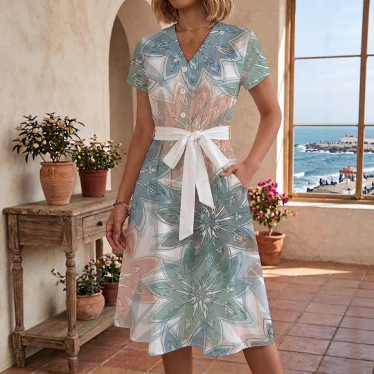 Damen Midi Kleid mit floralen Akzenten und tailliertem Schnitt EB