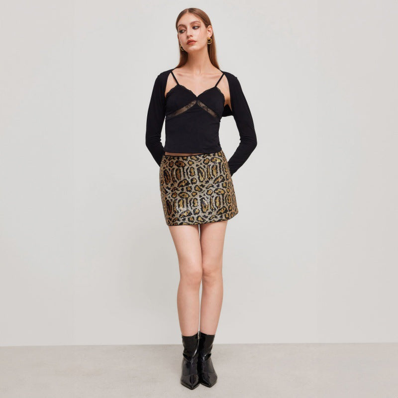 Damen Glitzernder Minirock mit Leopardenmuster und Paillettenbesatz EB