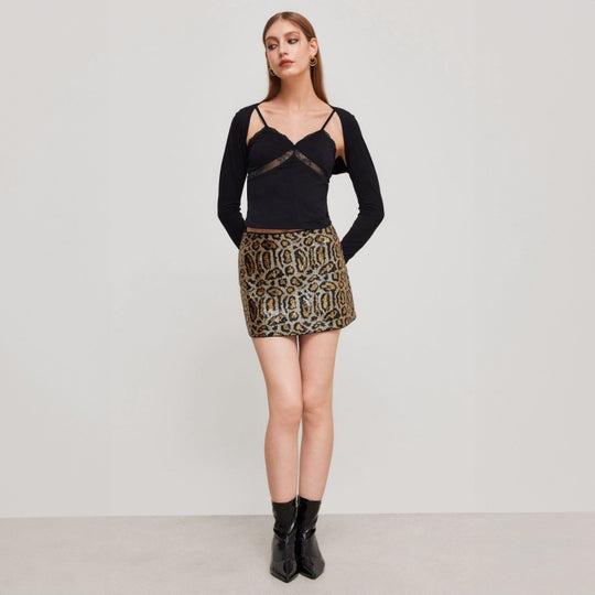 Damen Glitzernder Minirock mit Leopardenmuster und Paillettenbesatz EB