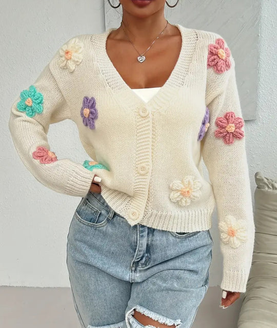 Damen Verspielter Strick-Cardigan mit handgehäkelten Blumenapplikationen EB