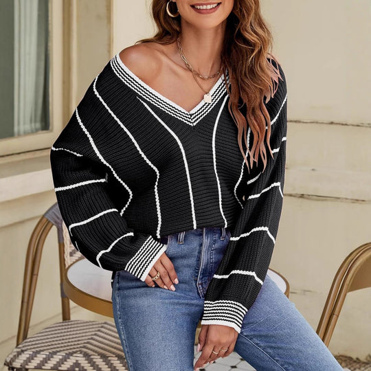 Damen Cropped Strickpullover mit V-Ausschnitt, Waffelstruktur und kontrastierenden Streifen EB