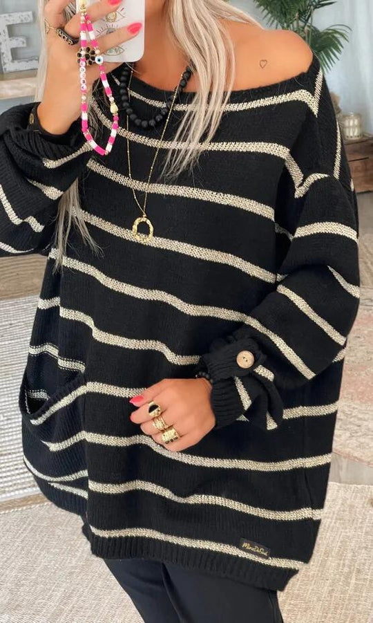 Damen Oversized Strickpullover mit eleganten Streifen und praktischen Taschen EB