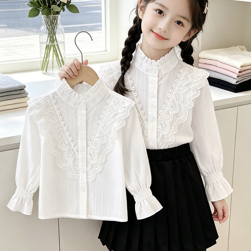Mädchen elegante Bluse mit Rüschendetails und Spitzenbesatz EB