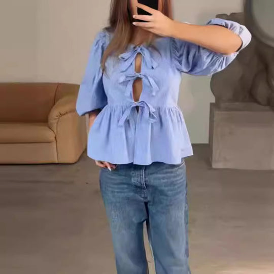 Damen Bluse mit raffinierten Schleifen und voluminösen Ärmeln Heidi-Mode