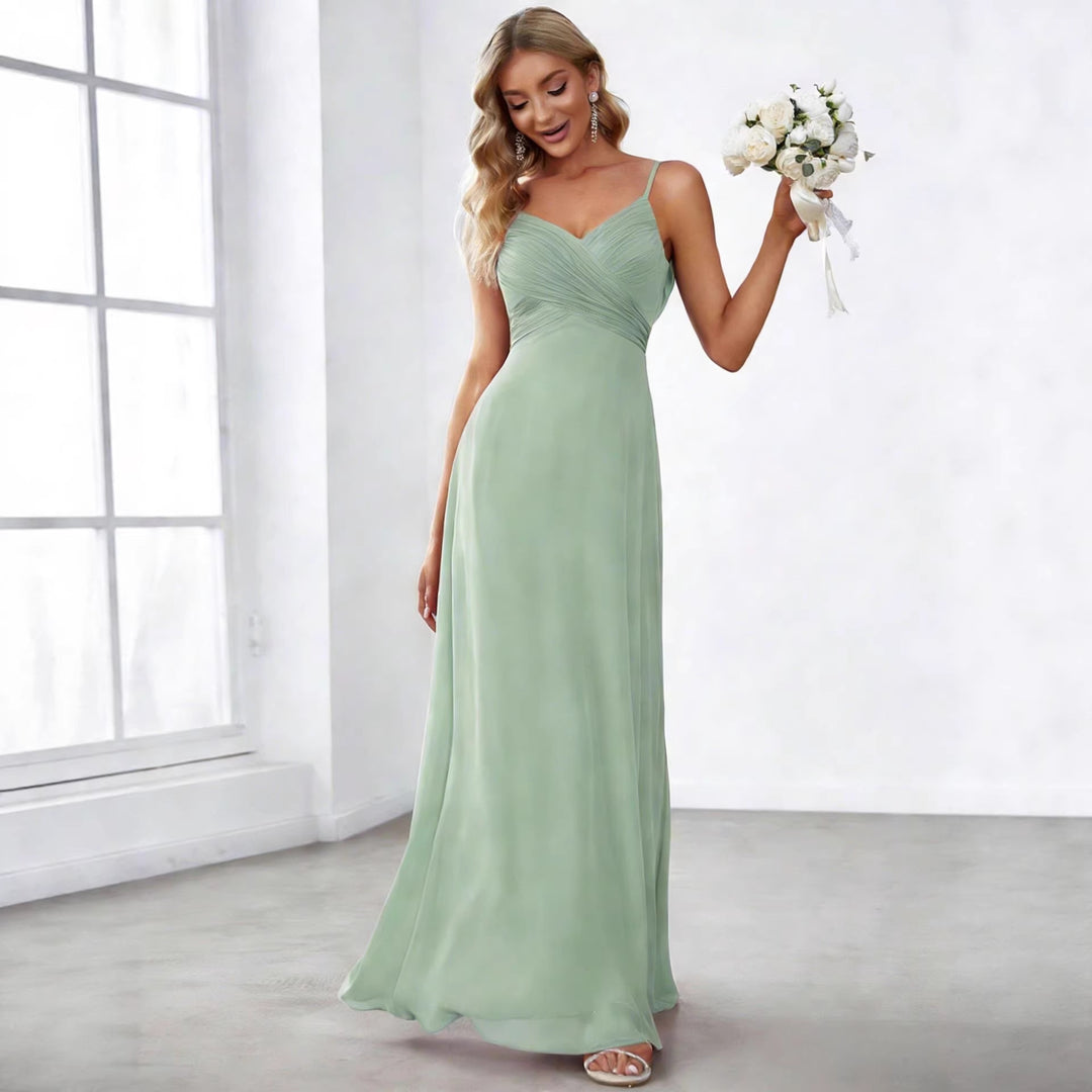 Damen nan fließendes Chiffon-Abendkleid mit überkreuzter Drapage, Empire-Taille und feinen Spaghettiträgern EB
