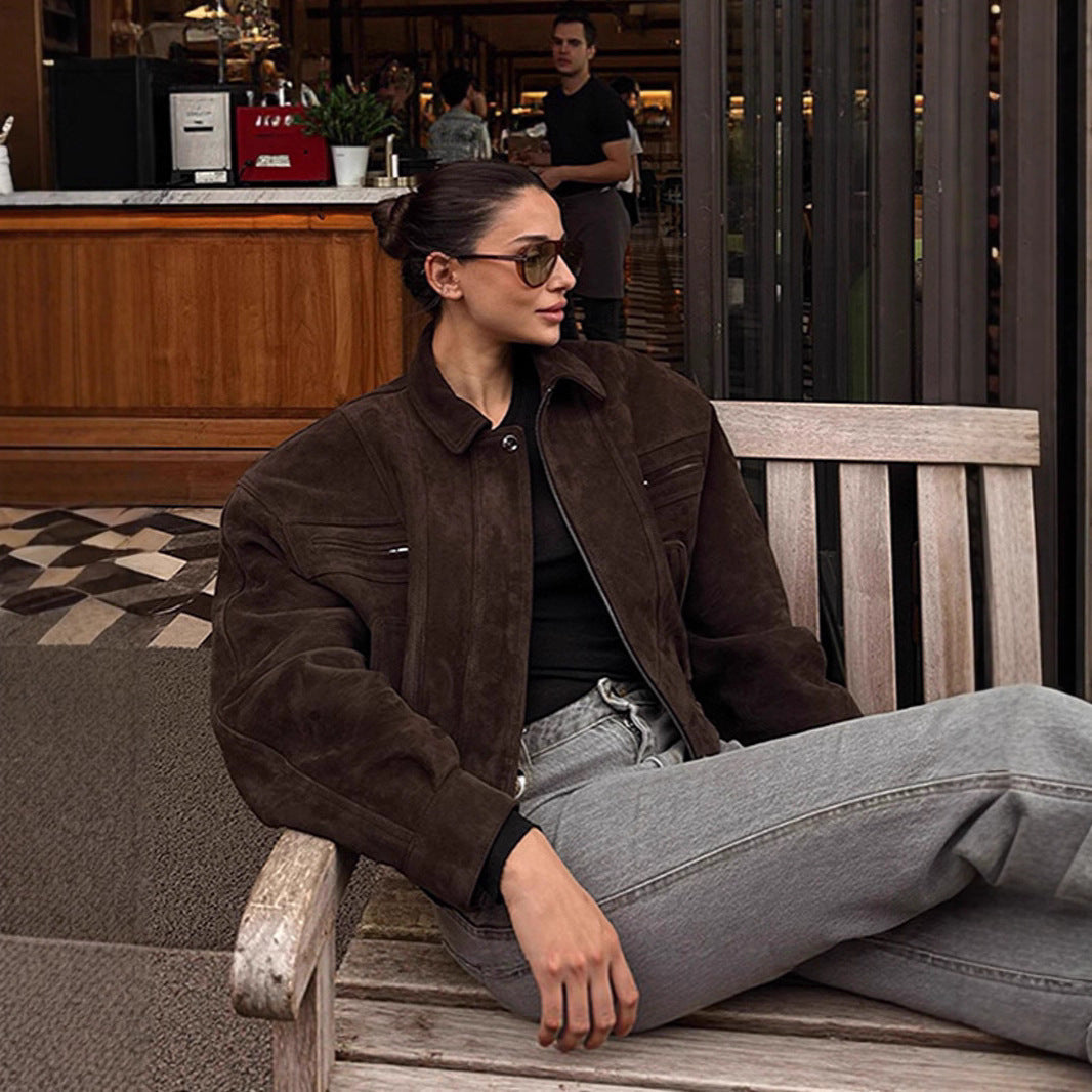 Damen modische Suede-Bomberjacke mit voluminösen Ärmeln EB