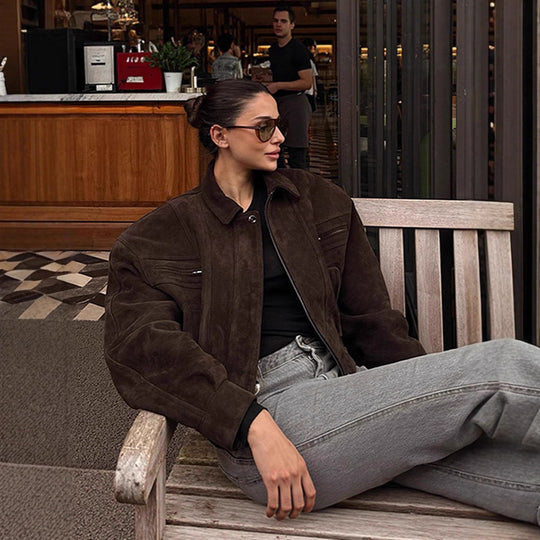 Damen modische Suede-Bomberjacke mit voluminösen Ärmeln EB
