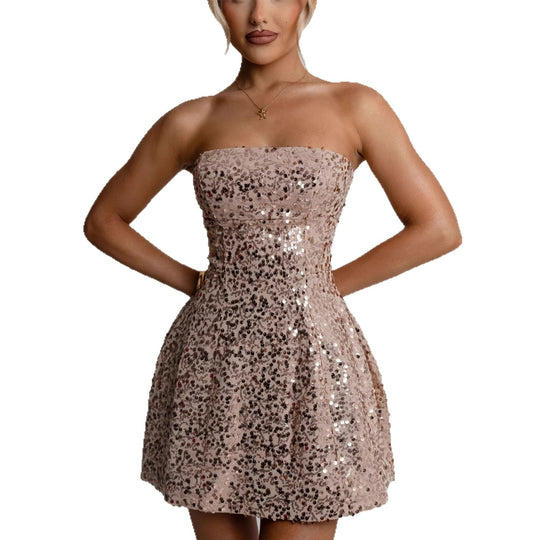Damen Cocktailkleid mit funkelnden Pailletten und schulterfreiem Design EB