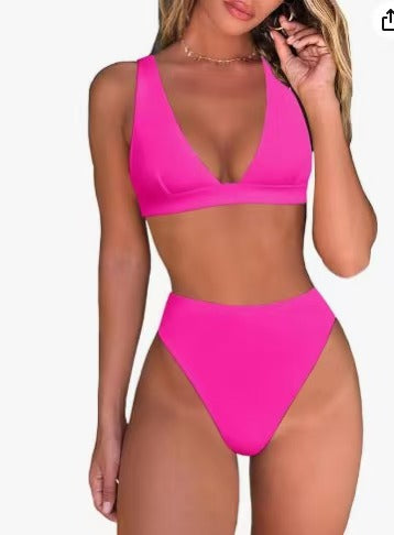 Damen Hochtailliertes Bikini Set mit V-Ausschnitt EB