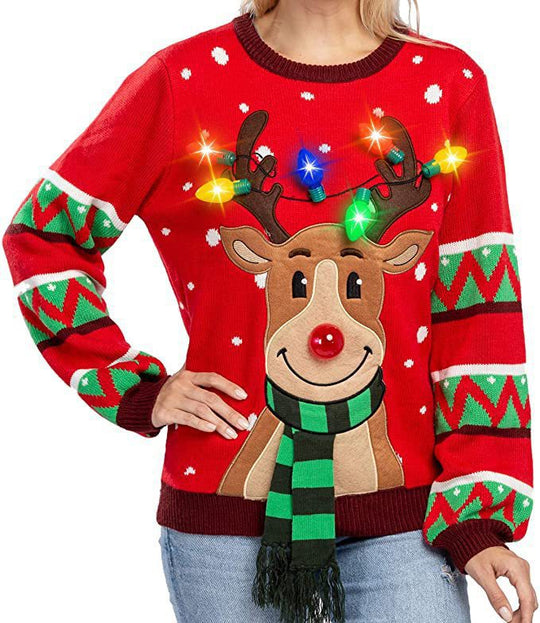 Damen nan weihnachtlicher Strickpullover mit Rentierapplikation integrierter Lichterkette und dreidimensionalem Nasenpompom EB