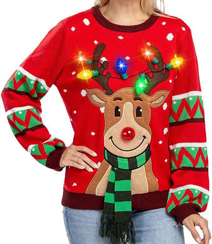 Damen nan weihnachtlicher Strickpullover mit Rentierapplikation integrierter Lichterkette und dreidimensionalem Nasenpompom EB