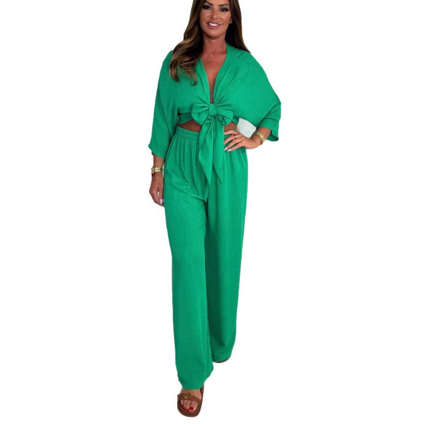 Damen Eleganter Jumpsuit mit verspieltem Knoten und weit geschnittenen Beinen EB