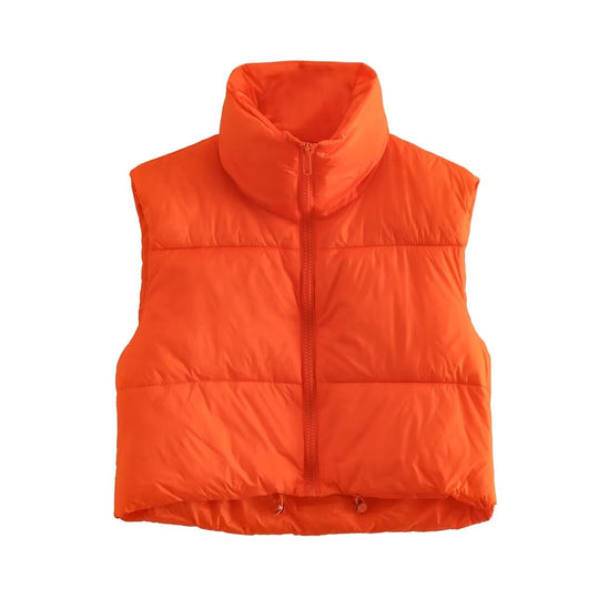 Damen cropped Daunenweste mit hohem Kragen und praktischen Taschen EB