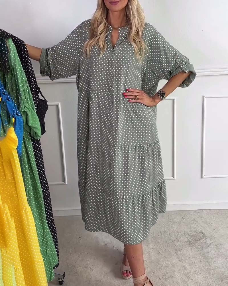 Damen nan lässiges Stufenmidikleid mit Stehkragen, verdeckter Knopfleiste und dreiviertelärmeln EB