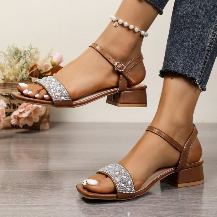 Damen Riemensandaletten mit funkelnder Strass-Applikation und elegantem Blockabsatz EB