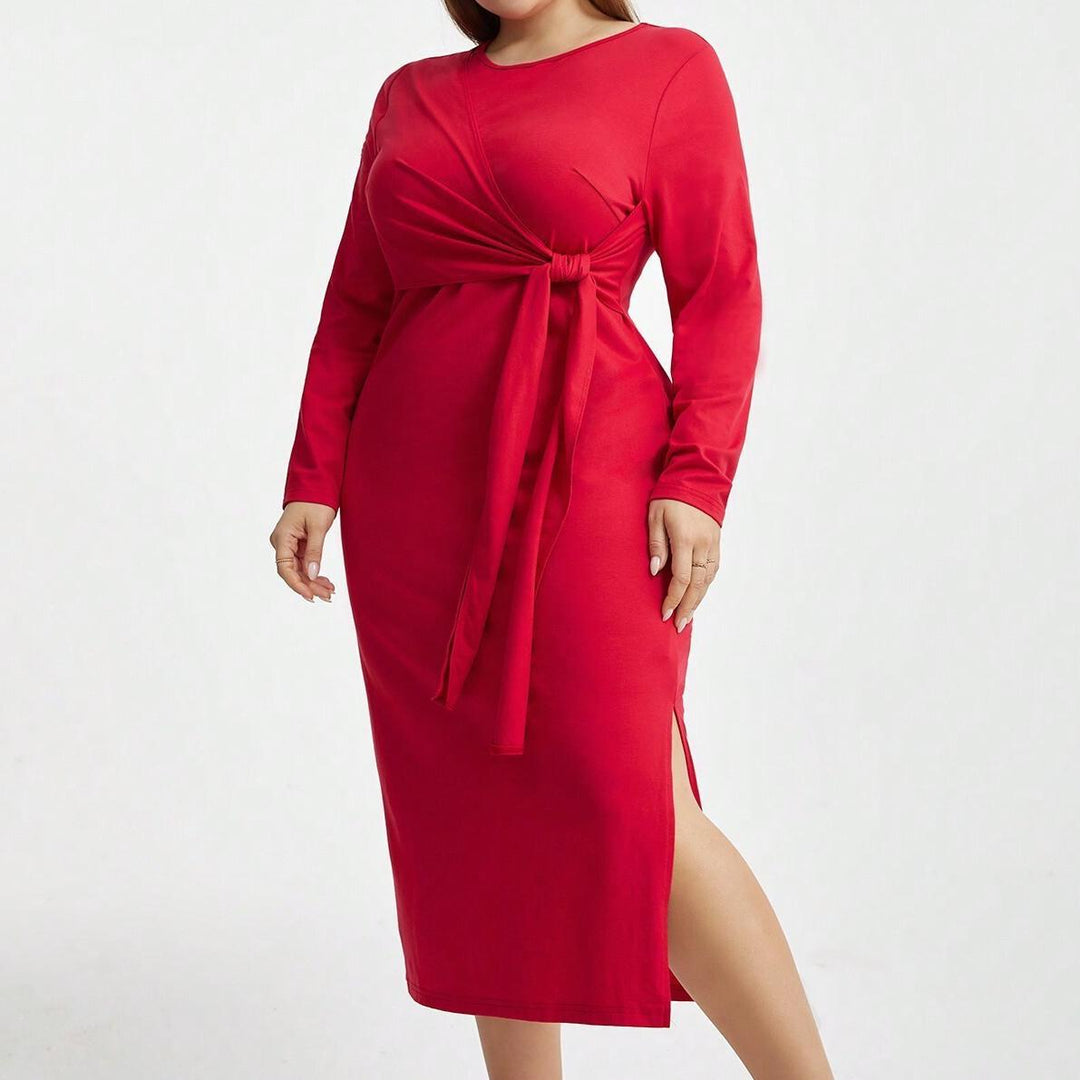 Damen Langarm Kleid mit eleganten Knotendetails und seitlichem Schlitz EB