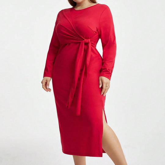 Damen Langarm Kleid mit eleganten Knotendetails und seitlichem Schlitz EB