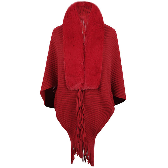 Damen luxuriöser Strickponcho mit elegantem Kunstfellkragen und Fransen EB