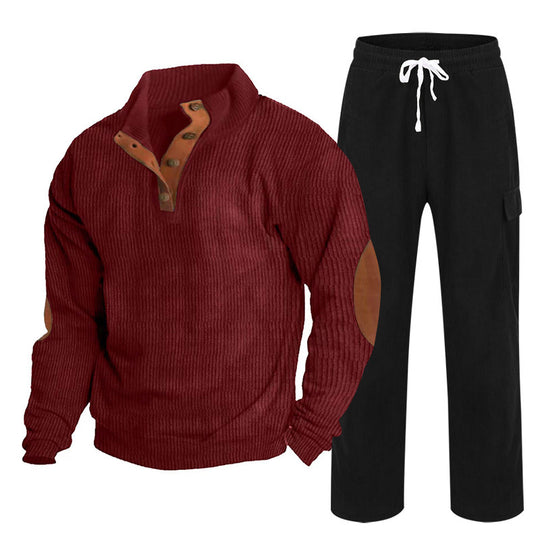Herren nan Strick-Freizeitset mit Knopfleiste und Ellenbogenaufnähern sowie Cord-Cargohose EB
