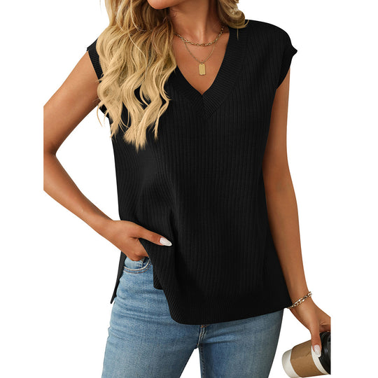 Damen elegantes Stricktop mit V-Ausschnitt und feiner Rippstruktur EB