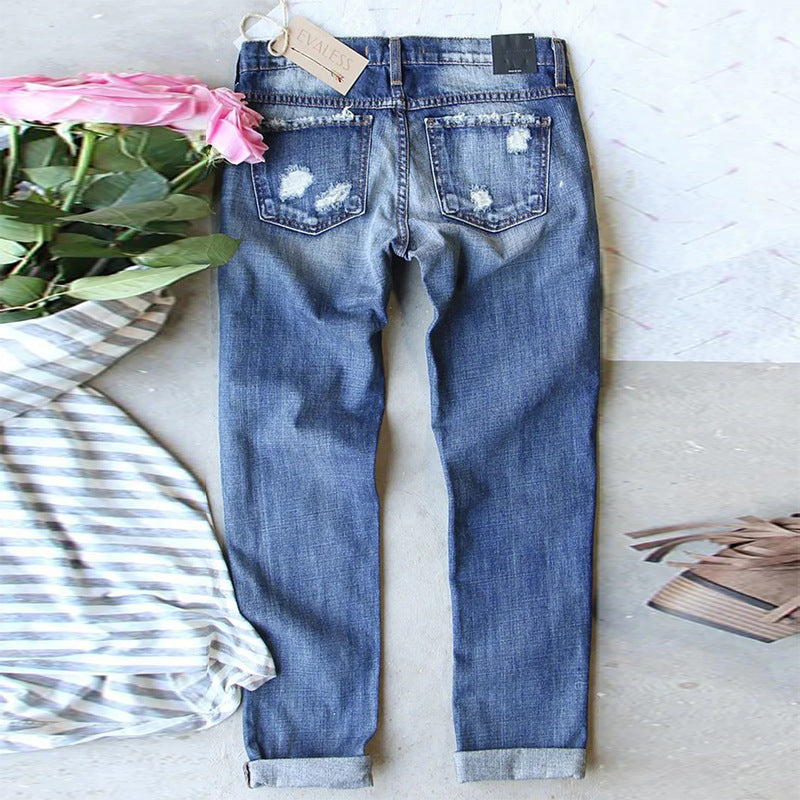 Damen Ripped Jeans mit karierten Akzenten und modischen Destroyed-Details EB