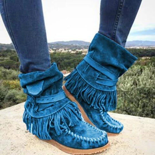 Damen Mokassin-Stiefel mit fransigen Details und modischer Schnalle EB