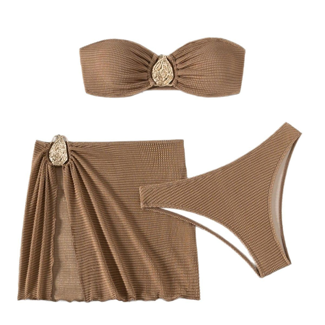 Damen Bandeau-Bikini-Set mit eleganten Falten und dekorativem Verschluss EB